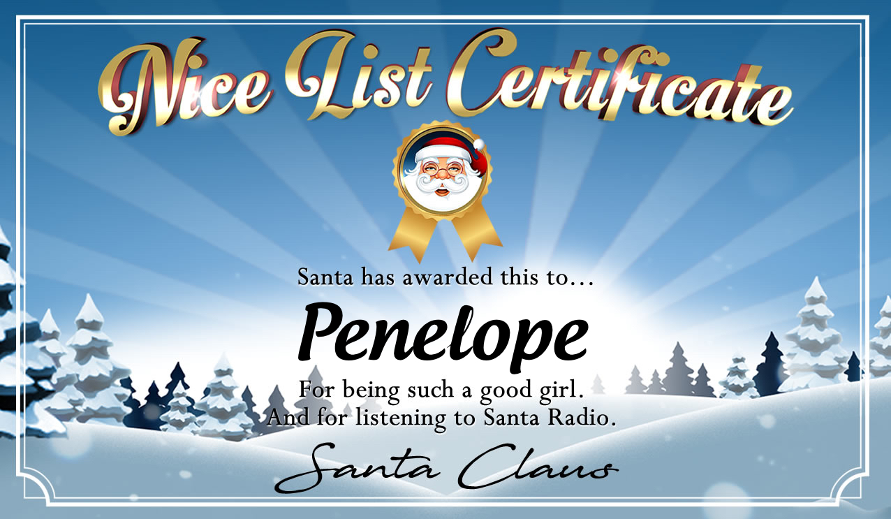 Personalised good list certificate for Penelope