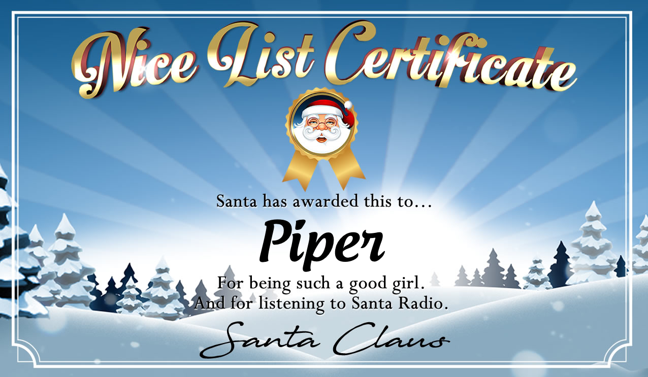 Personalised good list certificate for Piper