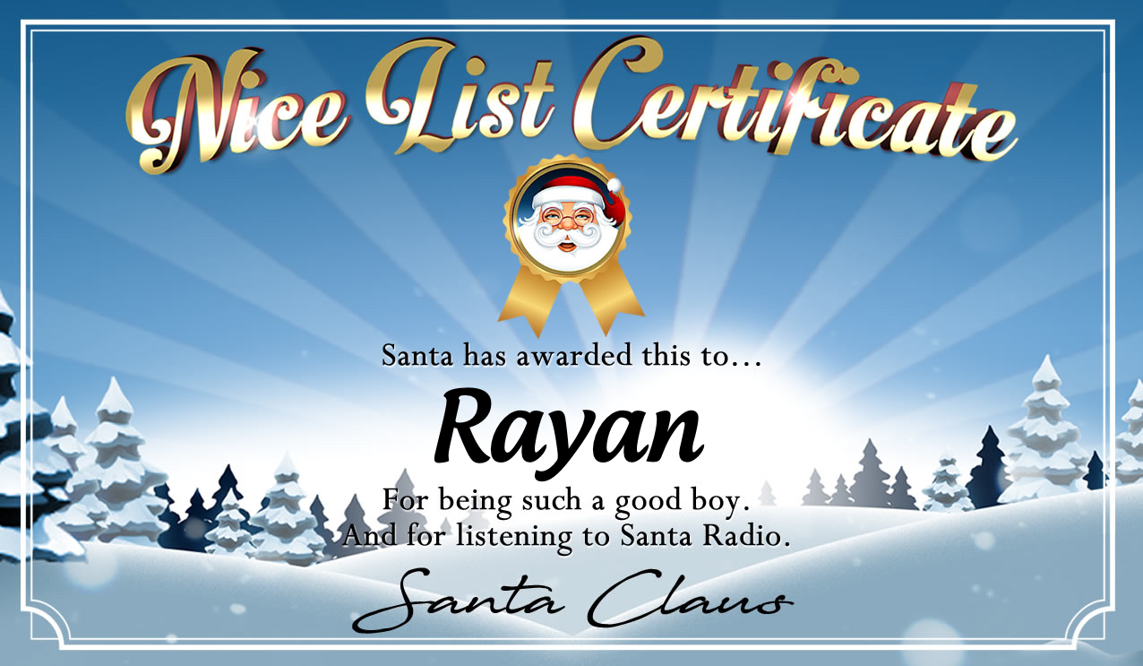 Personalised good list certificate for Rayan