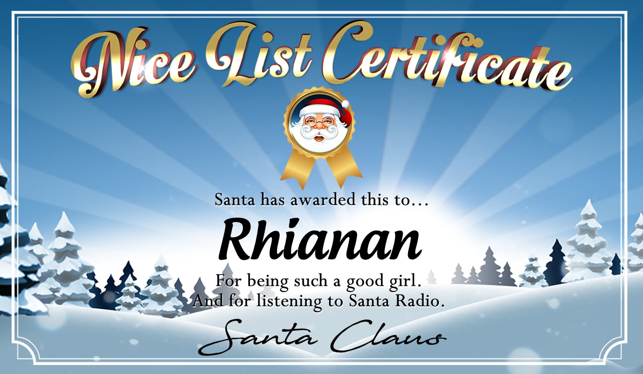 Personalised good list certificate for Rhianan