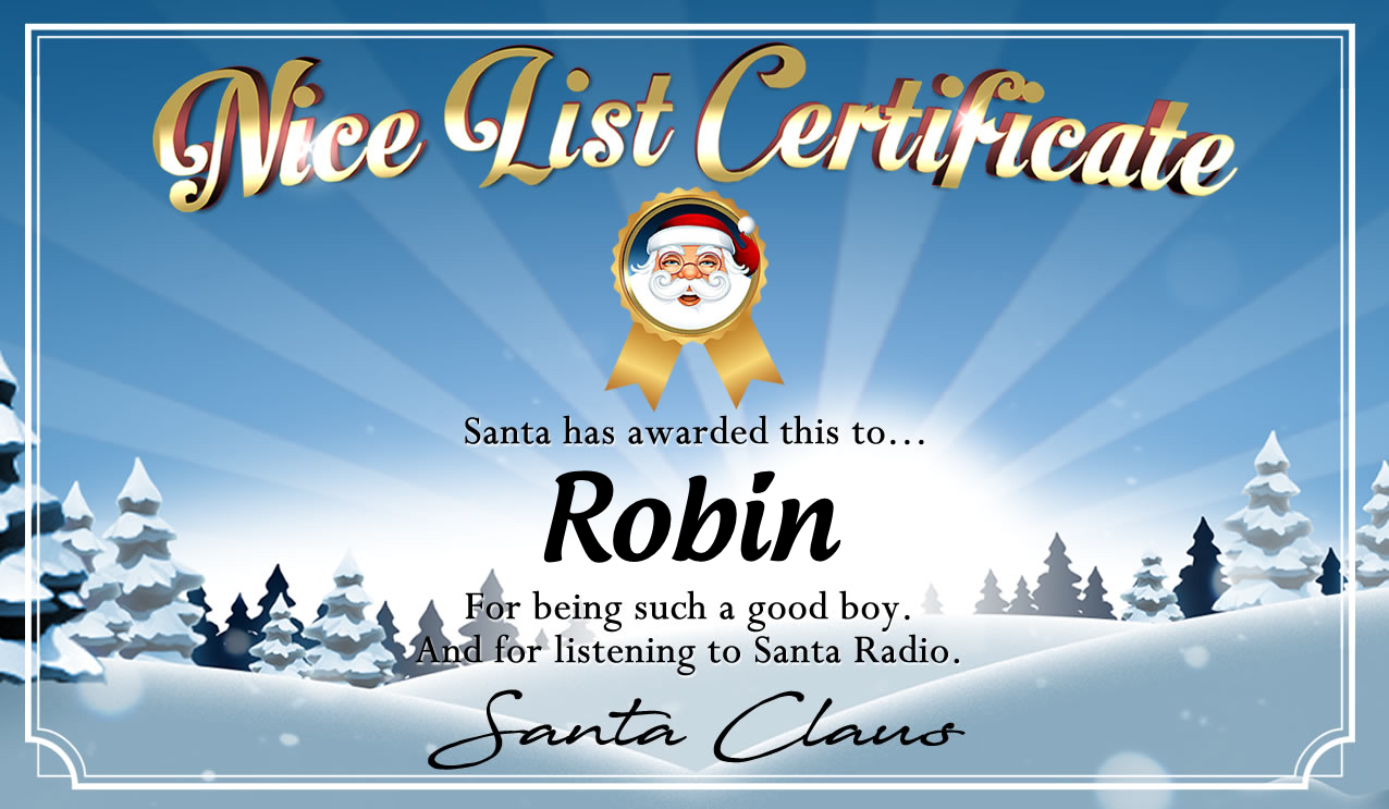 Personalised good list certificate for Robin