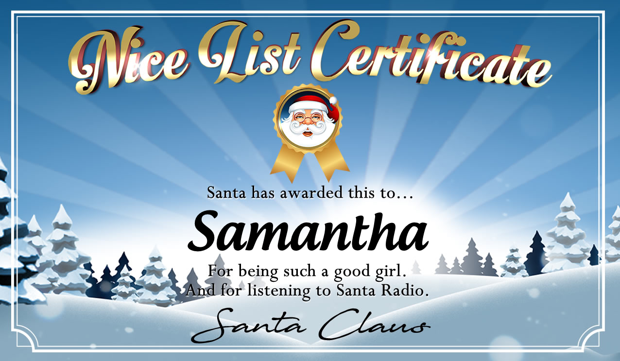 Personalised good list certificate for Samantha