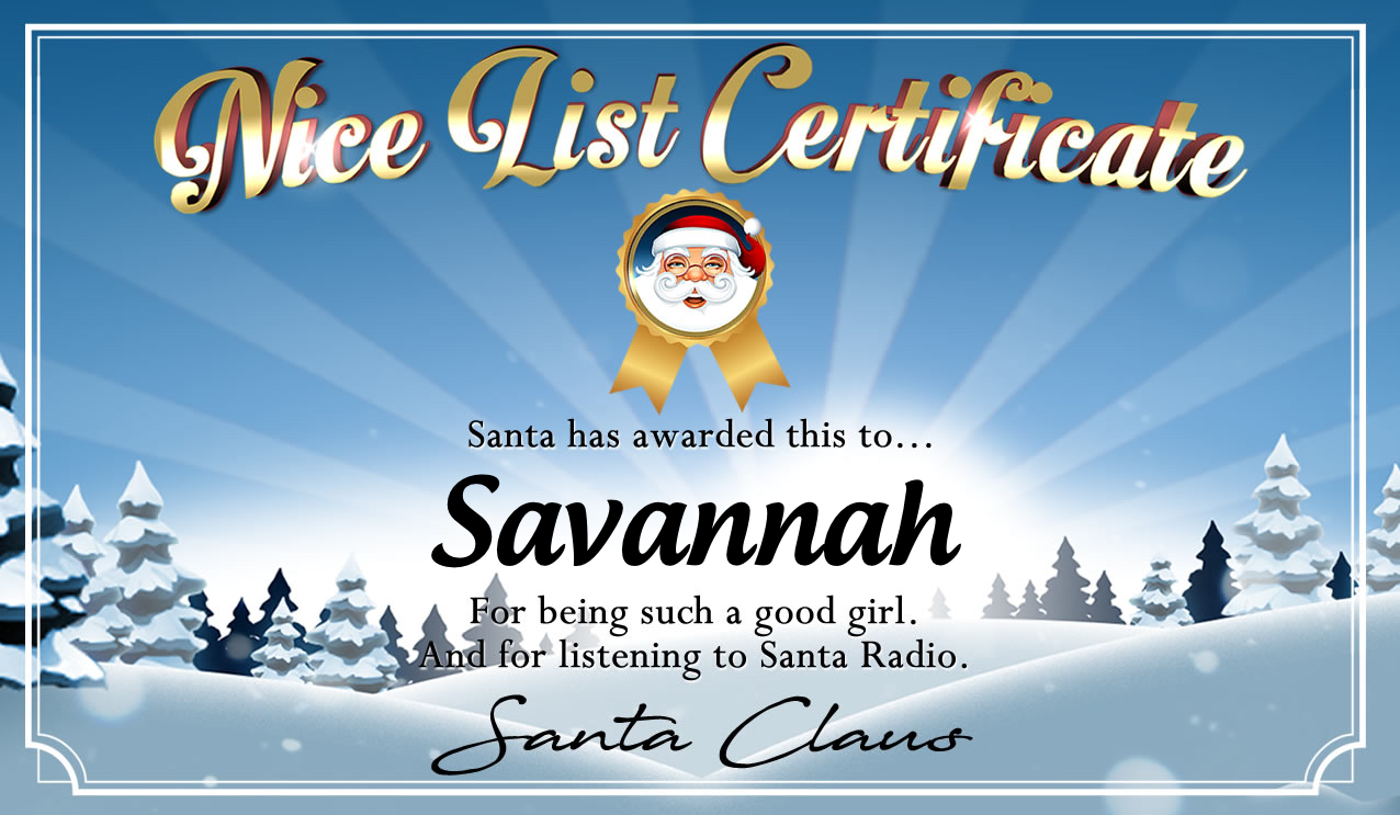Personalised good list certificate for Savannah
