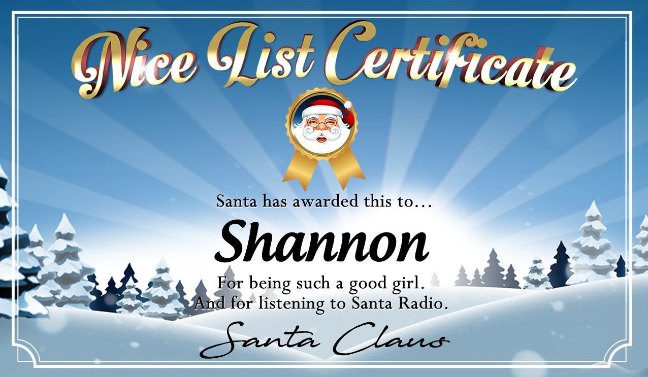 Personalised good list certificate for Shannon
