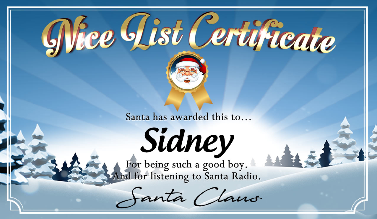Personalised good list certificate for Sidney