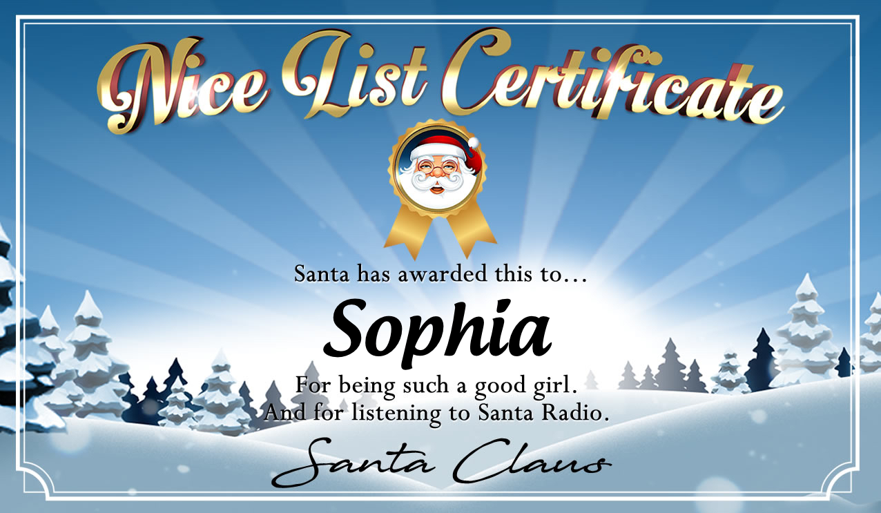 Personalised good list certificate for Sophia