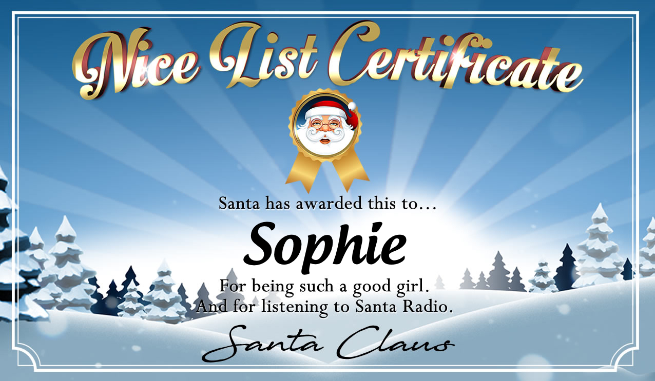 Personalised good list certificate for Sophie