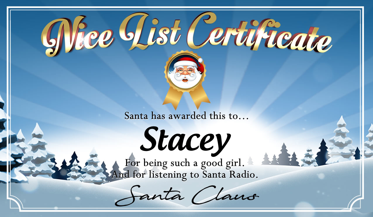 Personalised good list certificate for Stacey