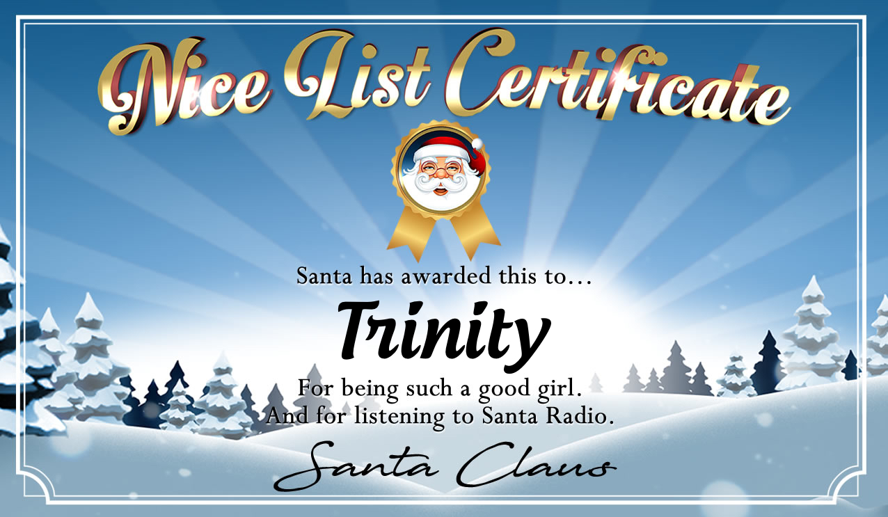 Personalised good list certificate for Trinity