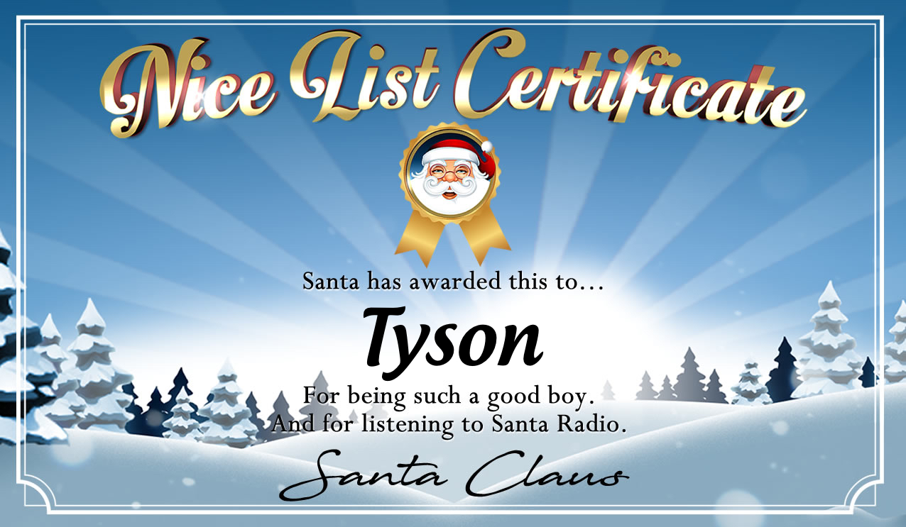 Personalised good list certificate for Tyson