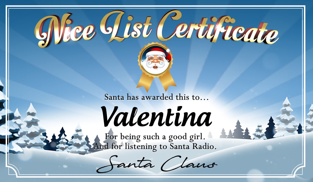 Personalised good list certificate for Valentina