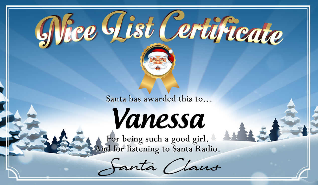 Personalised good list certificate for Vanessa