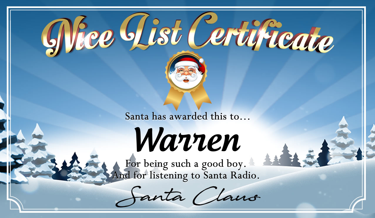 Personalised good list certificate for Warren