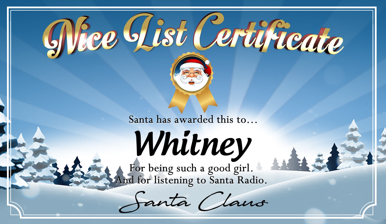 Personalised good list certificate for Whitney