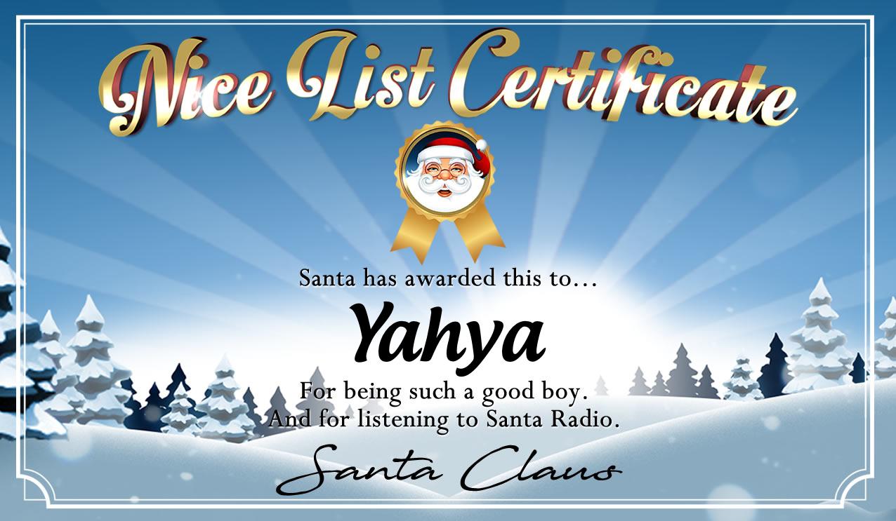 Personalised good list certificate for Yahya