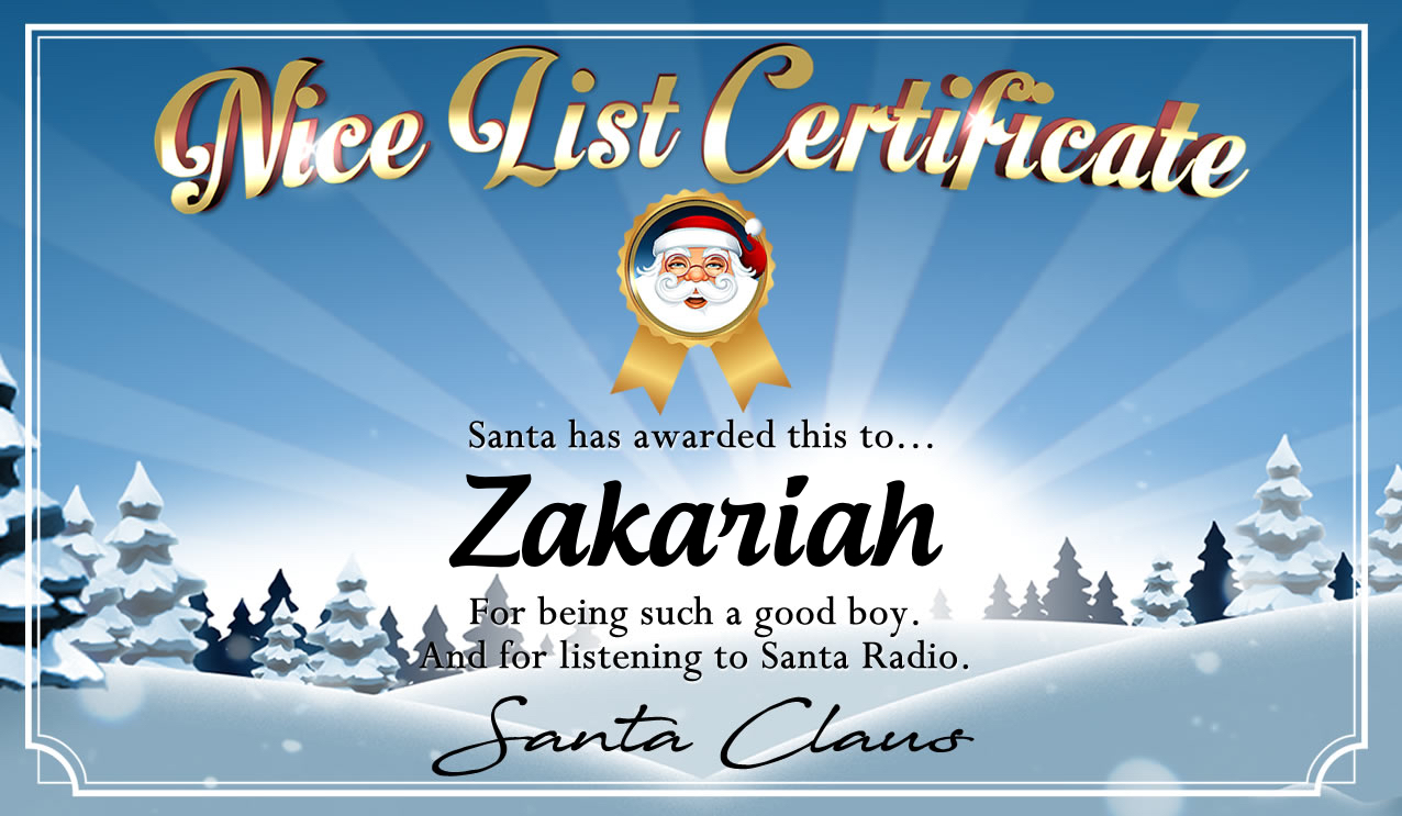 Personalised good list certificate for Zakariah
