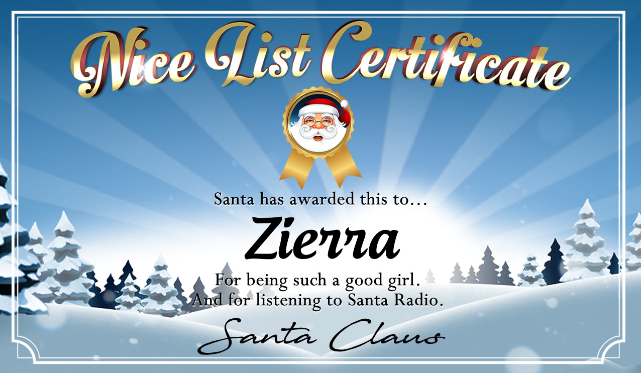 Personalised good list certificate for Zierra