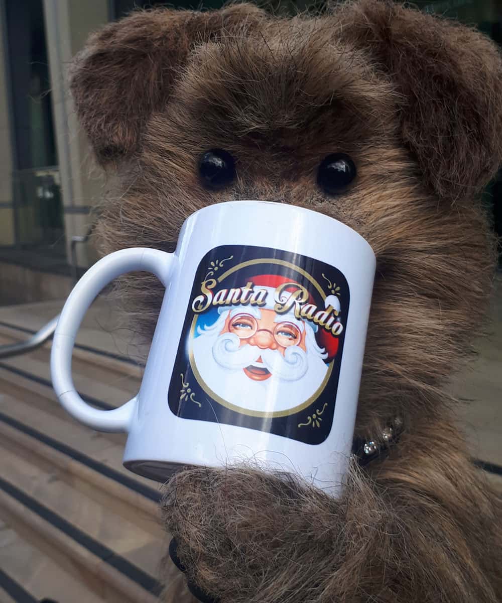 Hacker the Dog with Santa Radio mug