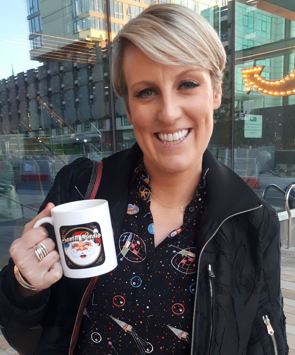 Steph McGovern with Santa Radio mug