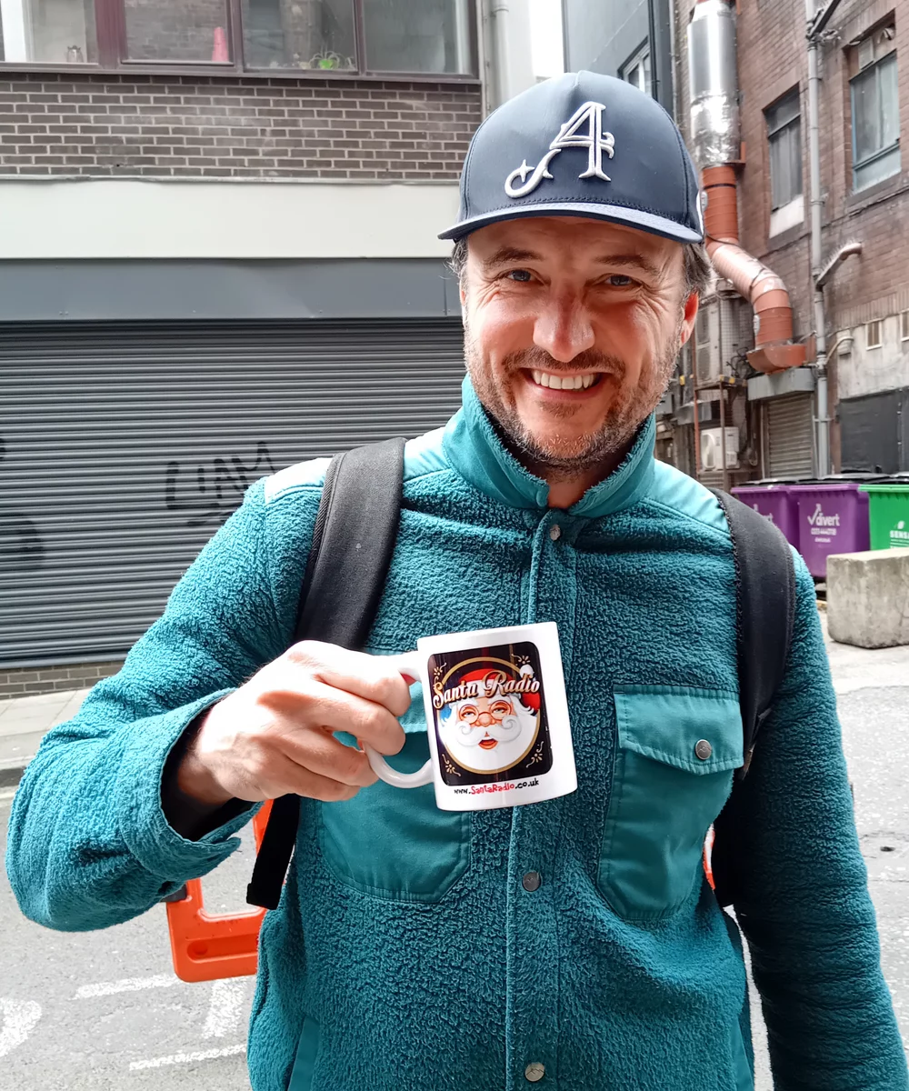 James Bye with Santa Radio mug